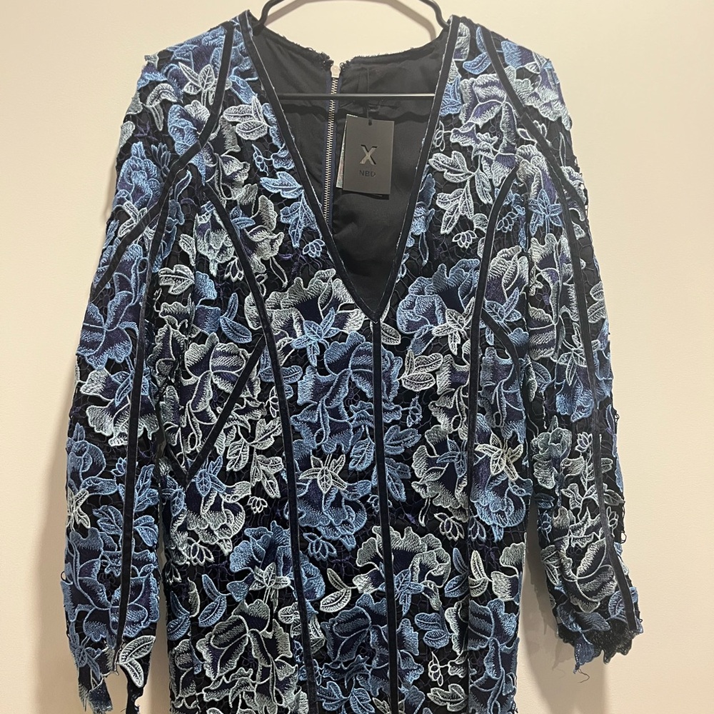 NWT NBDxRevolve dress. Long sleeve mini dress blue and black lace. Never worn.
